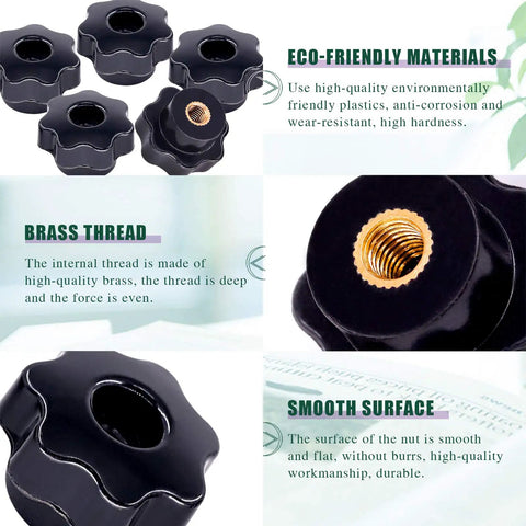 Slick Black M6 Star Knobs With Female Thread And Solid Clamping Grip 15 Piece Essential Set of smooth black screw knobs with brass thread.