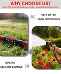 Garden Hose Repair Kit With Aluminum Connectors Fits Three Quarter Inch And Five Eighth Inch Hoses Includes Male And Female Adapters Clamps Washers And Screws Great DIY Yard Hack For Leaky Hoses shown in use on a lawn and watering flowers.