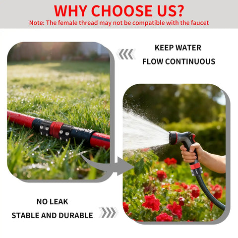 Garden Hose Repair Kit With Aluminum Connectors Fits Three Quarter Inch And Five Eighth Inch Hoses Includes Male And Female Adapters Clamps Washers And Screws Great DIY Yard Hack For Leaky Hoses shown in use on a lawn and watering flowers.