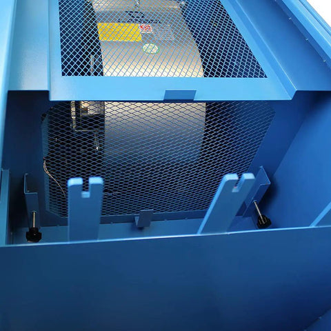 Interior view of Built Damn Tough 61 By 23 Inch Metalworking Downdraft Table showcasing ventilation mesh and dual motors.