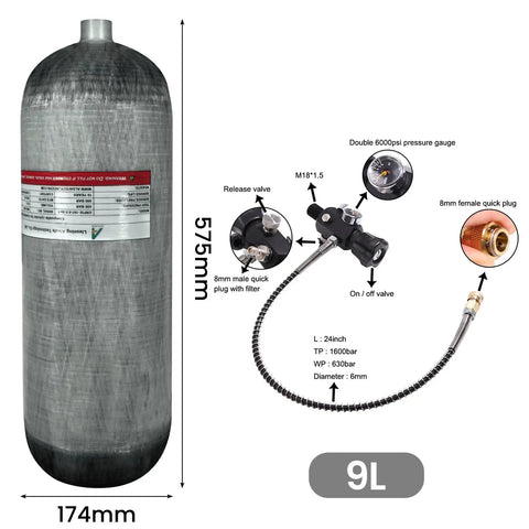 Beefy 4500 Psi 9L Carbon Fiber Scuba Tank With M18x1.5-6H Valve for deep dive