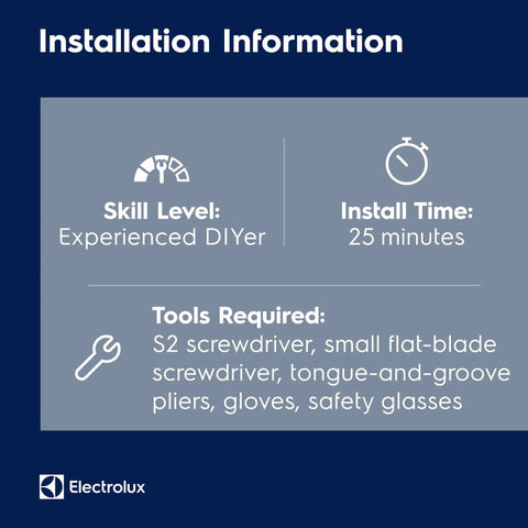 Installation info for Washer Water Inlet Valve 134637810 Replacement Part, 25 min install, tools: screwdrivers, pliers, gloves.