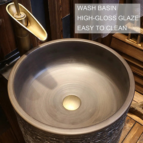 Handcrafted Ceramic Vessel Sink With Floor Stand And Basin Combo Featuring Built In Faucet Shelf And Durable Nonporous Drain For Indoor Outdoor Bathroom Remodel No Sweat Setup Sweet Upgrade, showcasing a high-gloss wash basin.
