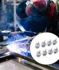 Welder using 8 Piece Butt Welding Clamps Set For Edge To Edge Welds And Patch Repairs On Auto Body Panels with tool close-up inset