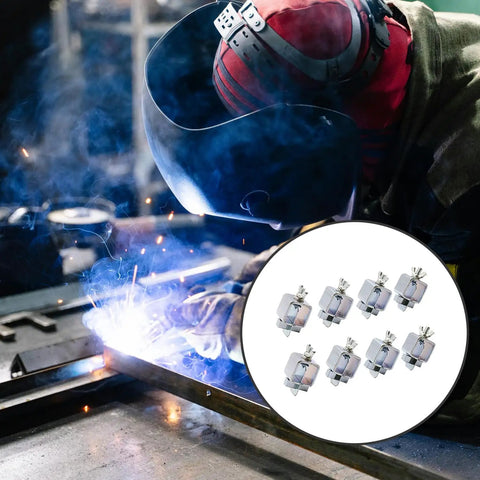 Welder using 8 Piece Butt Welding Clamps Set For Edge To Edge Welds And Patch Repairs On Auto Body Panels with tool close-up inset