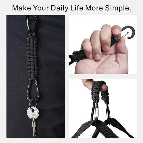 Paracord Keychain With Carabiner Clips 3 Pack, Compact D Ring Lanyard For Water Bottle, hiking gear in use, Durable Aluminum Clip