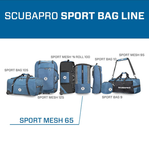 65 Mesh Dive Bag With Roll Top Closure And Side Zipper For Snorkeling And Scuba Gear Denim Blue Fabric With Black Lining