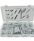 Front view of boxed 200-piece spring assortment kit with zinc-plated compression and extension springs in 20 sizes