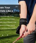 Golf Swing Trainer With Carbon Fiber Pattern Hinge Brace Band To Improve Wrist Hinge And Position in use on golfer's wrist