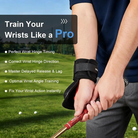 Golf Swing Trainer With Carbon Fiber Pattern Hinge Brace Band To Improve Wrist Hinge And Position in use on golfer's wrist