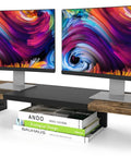 Heavy Duty Dual Monitor Stand Riser In Wood And Steel With Rustic Brown Finish, Multi Purpose Desktop Storage For Two Monitors