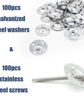 Rock Solid 200 Piece Foam Board Fasteners Kit Features Heavy Duty Galvanized Washers And Stainless Steel Screws for insulation setup.
