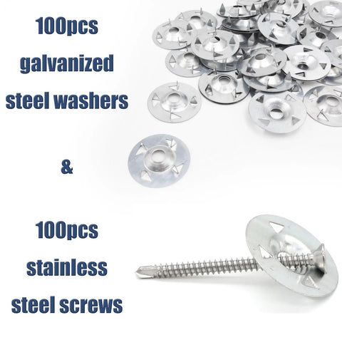 Rock Solid 200 Piece Foam Board Fasteners Kit Features Heavy Duty Galvanized Washers And Stainless Steel Screws for insulation setup.