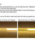 Comparison of LED strips showing 5730 strip with 72 LEDs/m and 2835 strip with 120 LEDs/m for even light distribution.