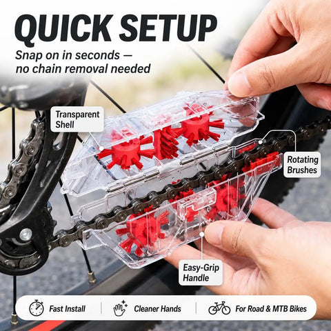 Easy To Use Bike Chain Cleaner Tool With Transparent Design For Real Time Cleaning And A Quick Release Handle On Chain