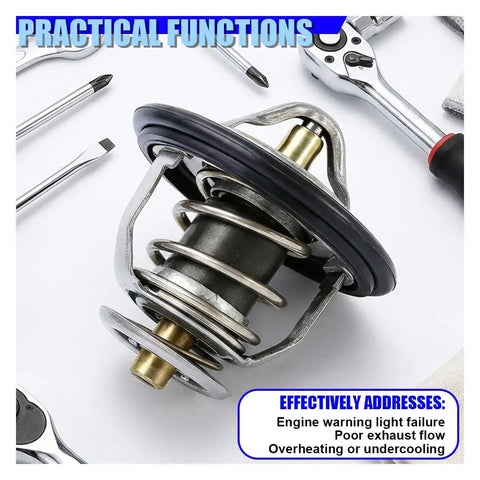 Built Tough Car Engine Coolant Thermostat With Gasket Offers Rock Solid Performance Oem 19301 Paa 306 Plc 31 Fitment Hella Reliable Heavy Duty Auto Parts For Trucks And Suvs Silver with tools in background.