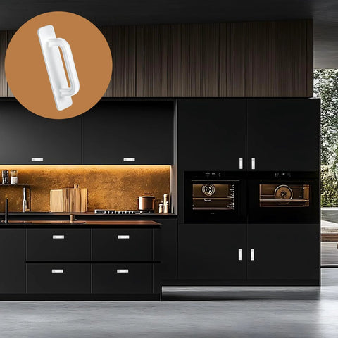 40 Piece White Peel And Stick Cabinet Handles Set With Double Sided Adhesive Strips, ABS plastic door pulls installed on black cabinets