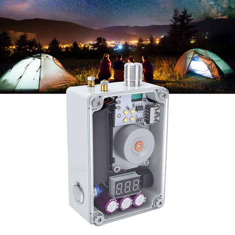 5 In 1 Hand Crank Generator With USB Charging, High Brightness LED Light, Built In Ignition Tool, And Red LCD Display in campsite