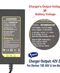 Universal 42V 36V Charger For 36V Li Ion Battery Packs With Seven Plug Cord Replacement Plug And Play Power Adapter For Electric Scooters And E Bikes Compatible With Many Brands And Models showing specifications and indicators.