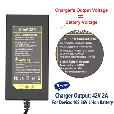 Universal 42V 36V Charger For 36V Li Ion Battery Packs With Seven Plug Cord Replacement Plug And Play Power Adapter For Electric Scooters And E Bikes Compatible With Many Brands And Models showing specifications and indicators.