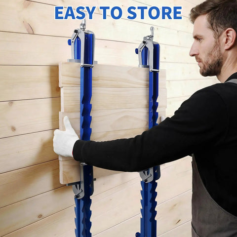 Man using Four Way Glue Up Clamps Keep Boards Dead Flat, 40.5 Inch Panel Clamps to secure wood for alignment.