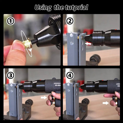 Steps for using Pneumatic Rivet Nut Gun With Four Size Pro Grade Quick Change Nose Pieces Air Rivet Nut Setter Tool