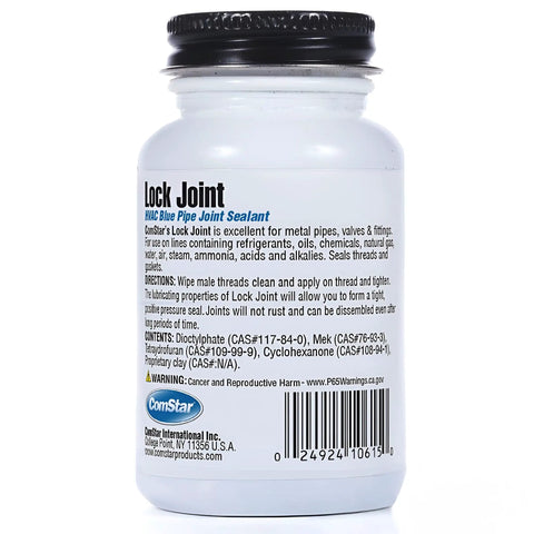 Blue Pro Grade Pipe Joint Sealant bottle with label details, Lock Joint brand, for NPT Threads, high temp and pressure use, 1/4 Pint
