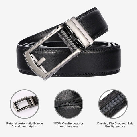 Two Pack Mens Leather Ratchet Belts With Automatic Buckle And Click Sliding Design For Casual Golf And Business Wear One Size Fits 28 To 42 Inch Waists 1.26 Inch Wide 120 Cm Length Excluding Buckle