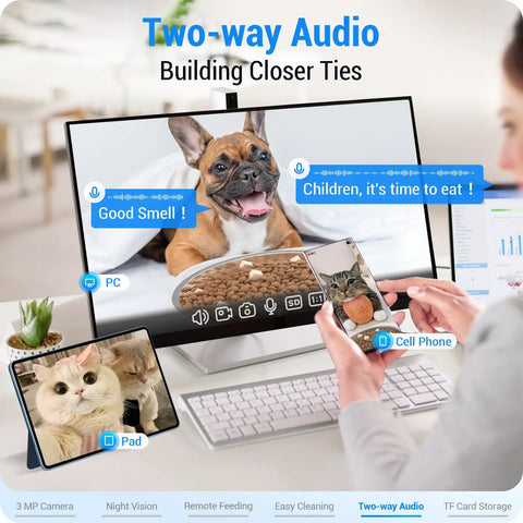 Smart Automatic Cat And Dog Feeder With 2K Camera And Night Vision, 5G Wifi App Control, 7L Large Capacity Bowl, Programmable Meal Timer, Detachable Tray For Sure Fire Tracking And No Sweat Cleanup On Road Trips with two-way audio on PC and devices.