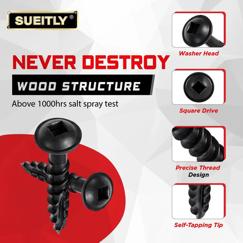 Image of No 10 Pocket Hole Screws, 3 Inch, 300 Pieces, Black Square Drive, showing key features like washer head and precise thread design.