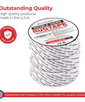 Stack of NeverCurl Double Sided Rug Tape With Mesh Fabric For Area Rugs On Carpet showing product label and branding.