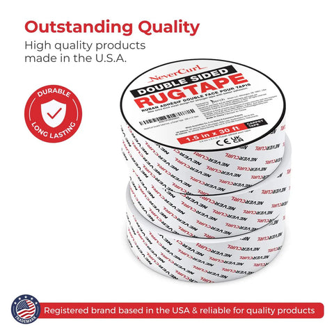 Stack of NeverCurl Double Sided Rug Tape With Mesh Fabric For Area Rugs On Carpet showing product label and branding.