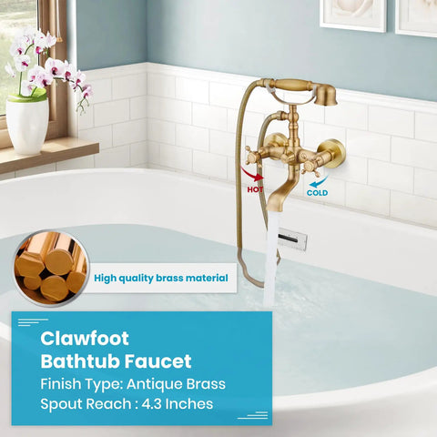 Wall Mount Clawfoot Bathtub Faucet With Handheld Spray And 360 Degree Swivel Spout Vintage Antique Brass Finish in bathroom