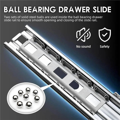 Beefy Heavy Duty Drawer Slides 1 Pair, 68kg Load Capacity, Side Mount Full Extension Rails, Quiet Smooth Opening With Ball Bearing Rollers, Rust Resistant Electroplated And Powder Coated Finish, Durable Steel Construction. Ball bearing drawer slide close-up