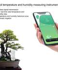 Person holding smartphone showing app for Plant Monitor Soil Test Kit for Indoor Outdoor Gardens, Bluetooth and Zigbee Smart Plant Sensor, bonsai nearby.