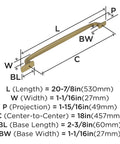 Diagram of Beefy Golden Champagne Transitional Appliance Pull dimensions with 20-7/8 inch length and 18 inch center-to-center spacing.