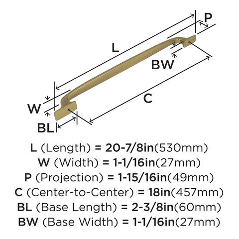 Diagram of Beefy Golden Champagne Transitional Appliance Pull dimensions with 20-7/8 inch length and 18 inch center-to-center spacing.