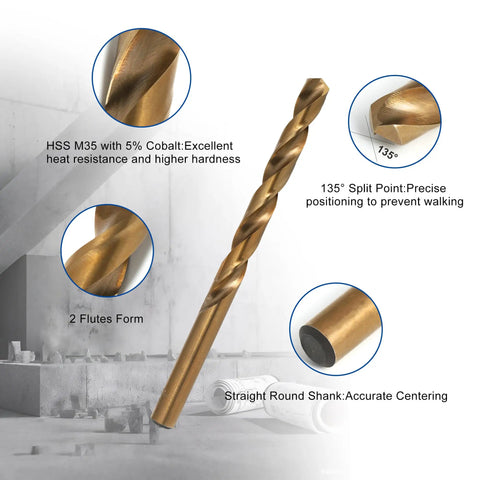 Heavy Duty Cobalt Drill Bits Set, 15 Pc M35 HSS With 135 Degree Tips, detailed close-ups of drill bit features.