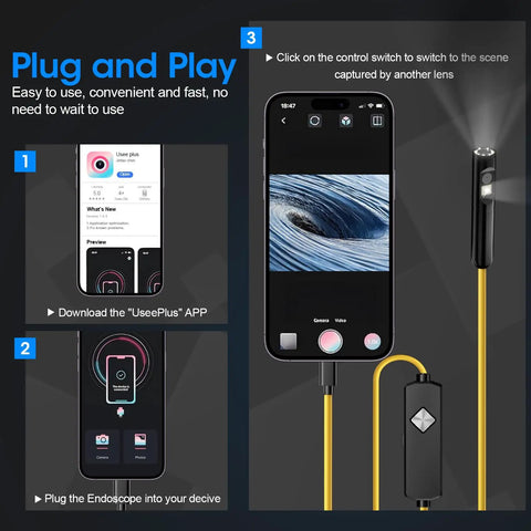 Instructions on connecting 1920P HD Borescope With 8 Adjustable LEDs, 32.8ft semi-rigid snake camera to iPhone for app use