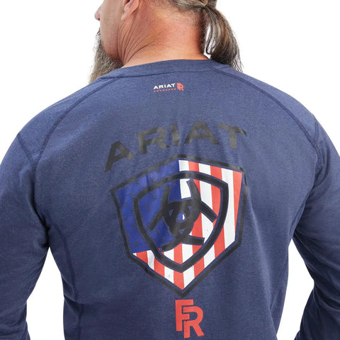 Back view of FR Air Service T Shirt Sage Heather Long Sleeve Crew Neck Tee with center back graphic and flame resistant fabric.