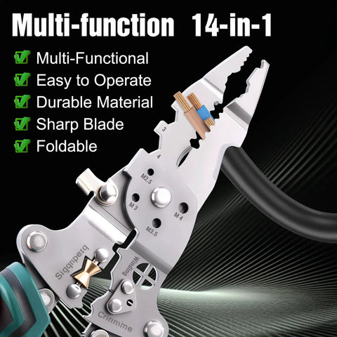 Close-up of All In One Foldable Wire Stripper with durable material and sharp blade, showing wire crimping feature.