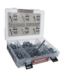 Pocket Hole Screw Kit 350 Piece With T20 Star Drive Magnetic Driver Included displayed in open storage case with labeled compartments