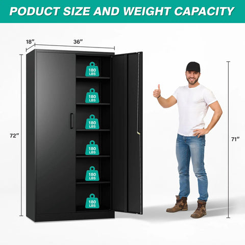 Heavy Duty Steel Storage Cabinet Double Doors Five Adjustable Shelves Tall Black Locking Metal Locker Built Like A Tank Badass Organizer For Garage And Workspace