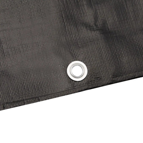 Corner detail of Heavy Duty Black Waterproof Poly Tarp 6 X 8 Feet 3 Pack with grommets every 36 inches and double laminated coating