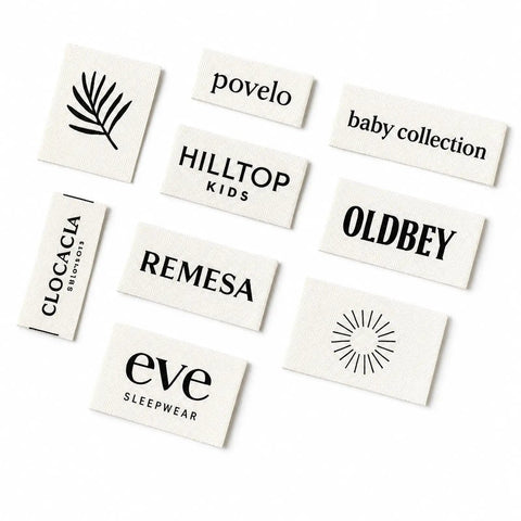 Next Level Custom Cotton Tags Straight Up Premium Fabric Sewing Labels For Quilting Knitting Handmade Clothing Branding Markers Machine Washable Care Instructions 40X50Mm with various brand logos.