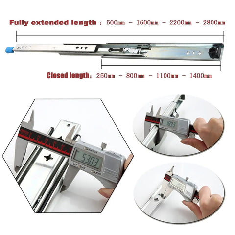 Heavy Duty Drawer Slide Rails With Secure Locking System And Detachable Under Desk Keyboard Tray shown with measuring caliper.