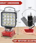 Cordless LED Work Light With 6000 Lumen Output And 38W Power, 2 Modes, on table showing 140-degree rotation and dimensions