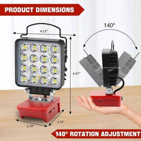 Cordless LED Work Light With 6000 Lumen Output And 38W Power, 2 Modes, on table showing 140-degree rotation and dimensions