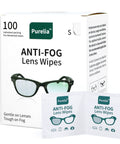 Purelia Anti-Fog Lens Wipes box (100-count) with two sachets for eyeglasses
