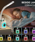 Child sleeping beside Upgraded 10W USB Desk Lamp With Clock Pen Holder Timer And Ambient Color Night Light, glowing in blue.